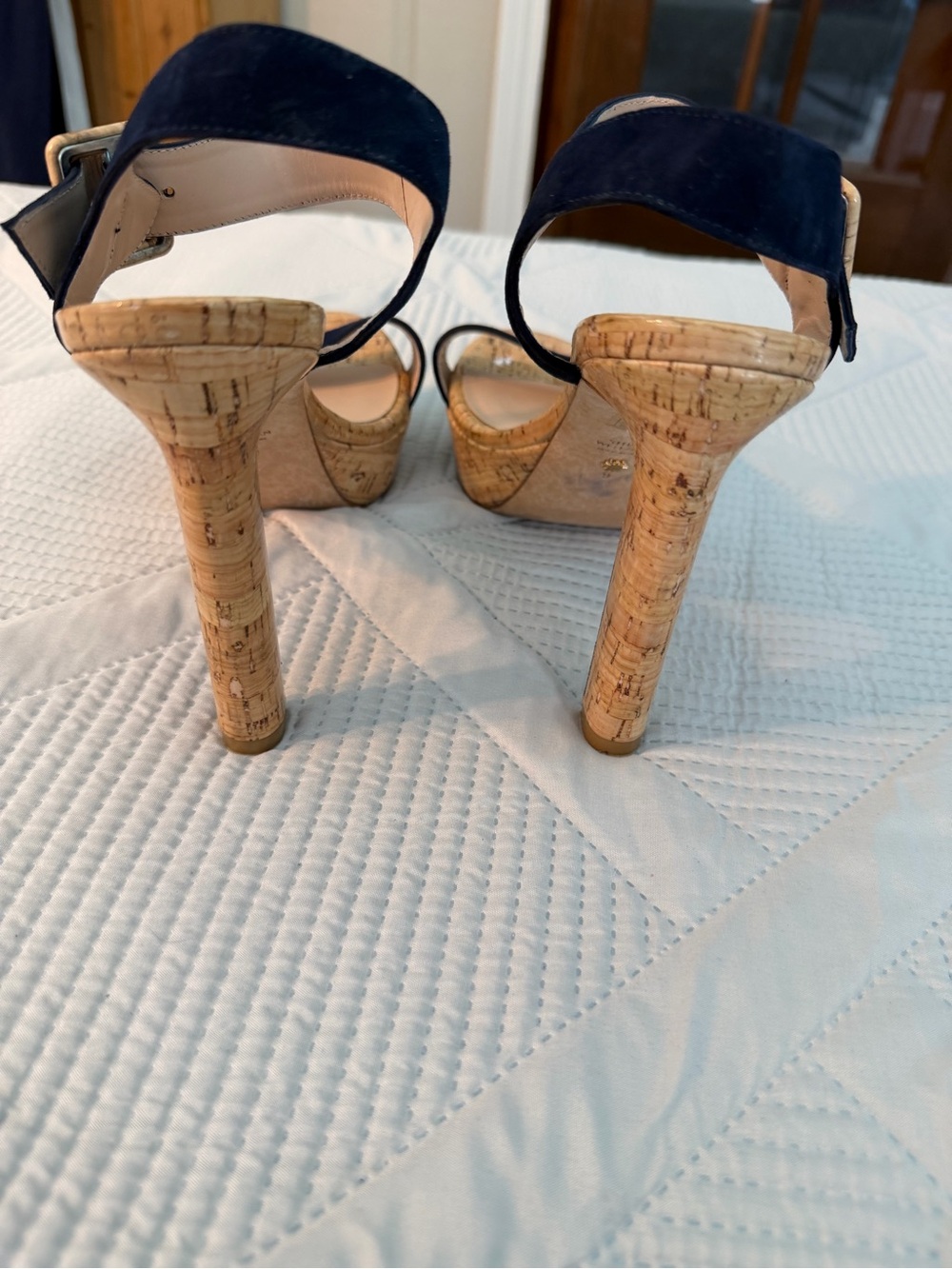 Stuart Weitzman Alesha Navy Suede Strap Cork Platform Sandals Size 9 Nearly New - Picture 7 of 13
